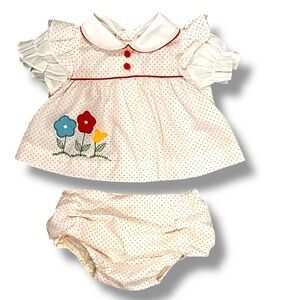 VTG Baby Dress White Red Polka Dots Red Buttons Flower Appliqué Ruffles 0-3 Mo